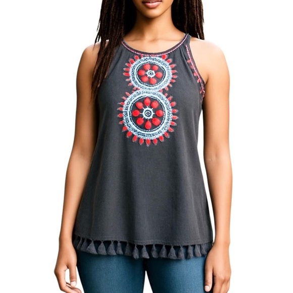Savanna Jane Boho Sleeveless Embroidered Top With Tassel Hem Gray Multi-Color - Picture 1 of 7